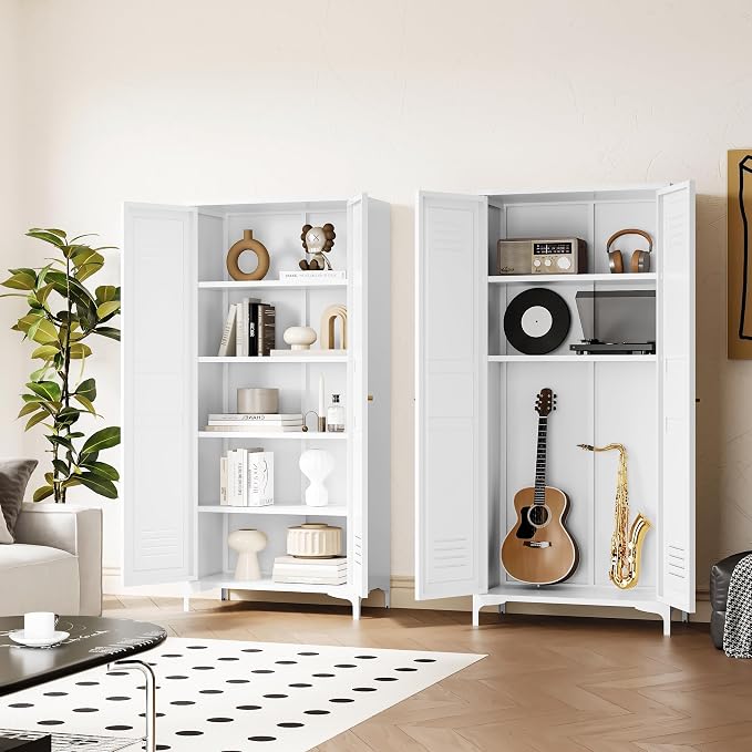Fesbos Metal Storage Cabinet-61” Tall Steel File Cabinets with Doors and 4 Adjustable Shelves-White Steel Storage Cabinet for Home,Kitchen, School, Office, Garage