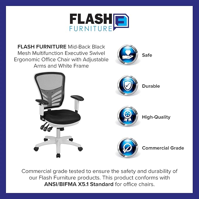Flash Furniture Mid-Back Black Mesh Multifunction Executive Swivel Ergonomic Office Chair with Adjustable Arms and White Frame | Adjustable Armrests, 360° Swivel, Height Adjustable, Commercial Grade
