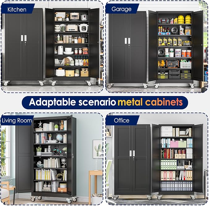 erosoei 74" H Metal Garage Storage Cabinet, Rolling Tool Cabinet with 2 Doors and Wheels, Locker Steel Cabinet with 5 Adjustable Shelves, Organization Cabinet for Garage,Office,Home,Gym,School