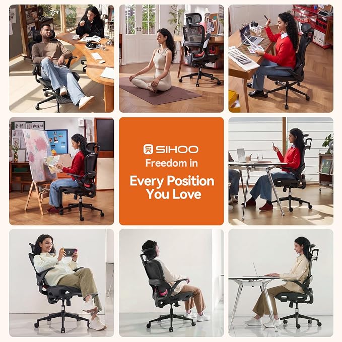 SIHOO B100 Mesh Office Chair, Comfy Ergonomic Office Chair | Mesh Office Chair with Adaptive Lumbar Support, Desk Chair with Wide Headrest, 300 LBS Black