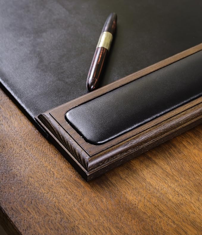 DACASSO Wood & Leather Desk Pad - Luxury Leather Desk Blotter for Writing - Padded Executive Desk Surface Protector - (Walnut & Black, 25.5” x 17.25”)