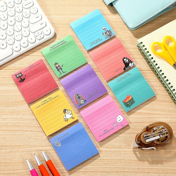 9 Pads Funny Sticky Notes, 3x3 Inch Cute Stick Notepads | Adhesive Memo Notes Pad, Coworker Gifts, Office Supplies Decor, Desk Accessories for Students, Teacher, Meeting