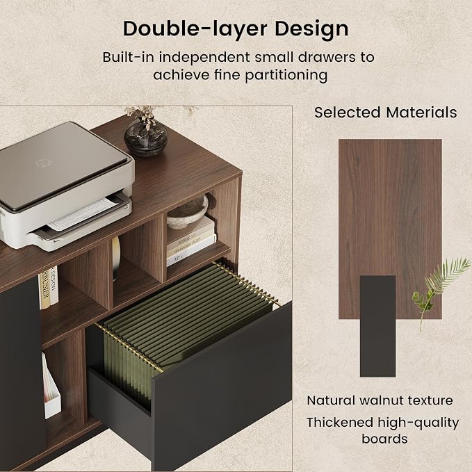 39" File Cabinet with Drawer, Office Storage Cabinet with Door | Home Office Printer Stand with Storage & Adjustable Shelves for Living Room, Entryway, Black Walnut