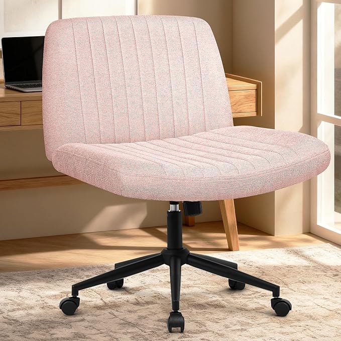 Orange Factory Criss Cross Chair, Wide Wheel Vanity Seat, Pink Dual Base | Cross-Legged with Dual Base with Wheels or Pads, 360° Swivel, Height Adjustable, Comfy Mid-Back for Office,Desk, Task Work
