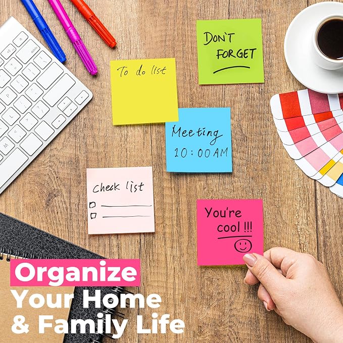 Sticky Notes 3x3 Inches, Bright Colors Self-Stick Pads, Easy to Post for Home, Office, Notebook,100 Sheets/pad (8 Pads)