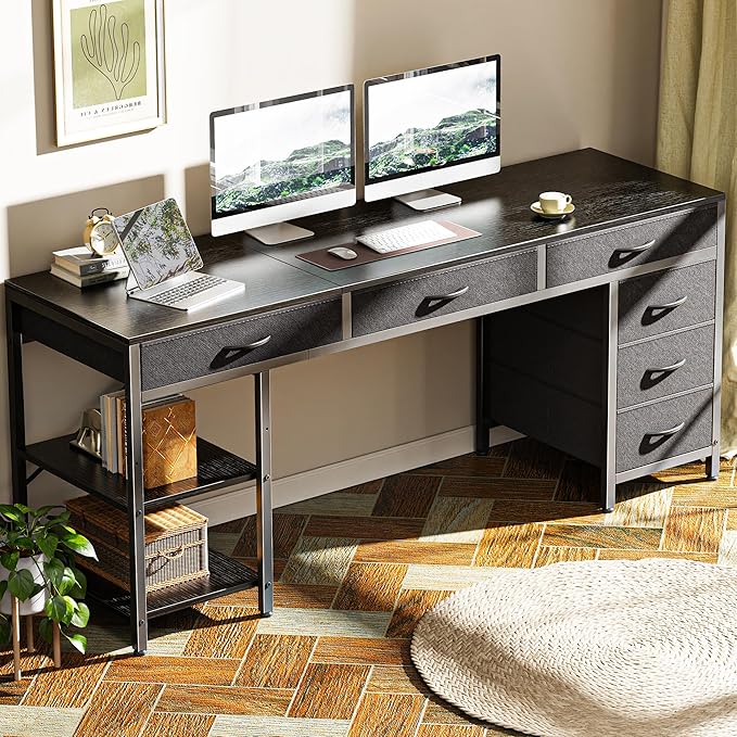 Huuger Computer Desk with 6 Drawers, Office Desk with Shelves, Reversible Gaming Desk, Corner Desk with Storage, Work for Home Office, Study, Living Room, 63inch, Black