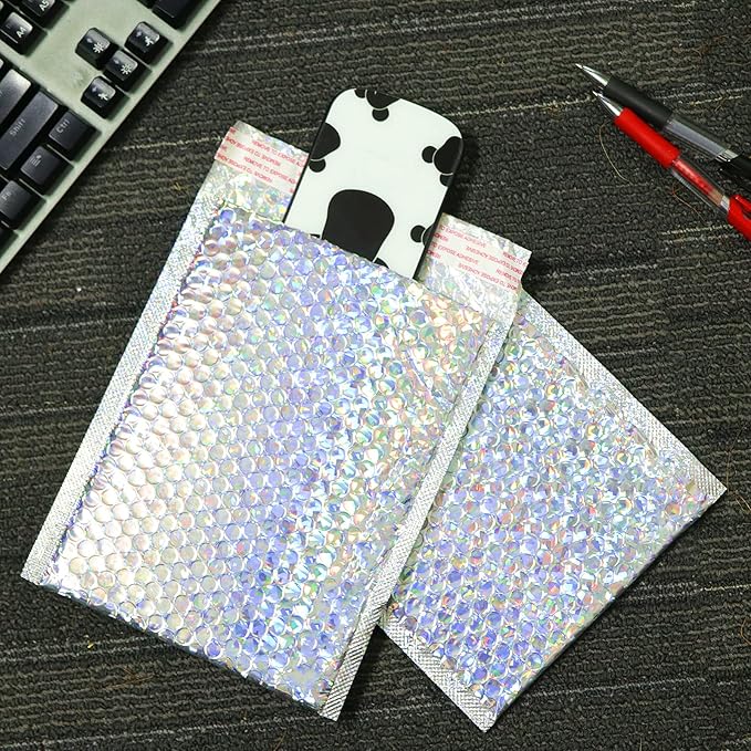 SINJEUN 50 Pieces 6 x 10 Inch Holographic Bubble Mailers, Silver Metallic Padded Bubble Mailers, Glamour Self Sealing Cushion Envelopes for Mailing, Shipping and Packing