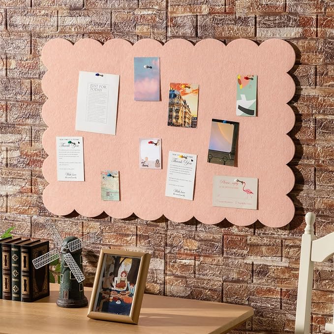 Mooliwe Scalloped Felt Bulletin Cork Board Foldable Light Pink 36 * 24 Inch | 3' x 2' Trifold, Self Adhesive, Picture Vision Board, Cork Alternative for Wall, Pin Bulletin Decorative for Office Bedroom