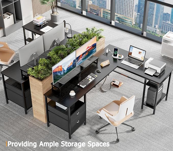 Furologee 66 Inch L Shaped Desk with 2 Drawers and Power Outlet, Black | Reversible Computer Home Office Desk, 2 Monitor Stands, Fabric File Cabinet, Storage Shelves for Corner Gaming Working Table