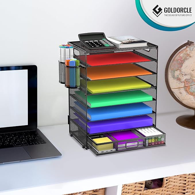 8 Tier Paper Letter Tray Organizer (Black-with Drawer,Pen Holders) | Mesh Desk File Holder Storage Organization for Home School Classroom & Office