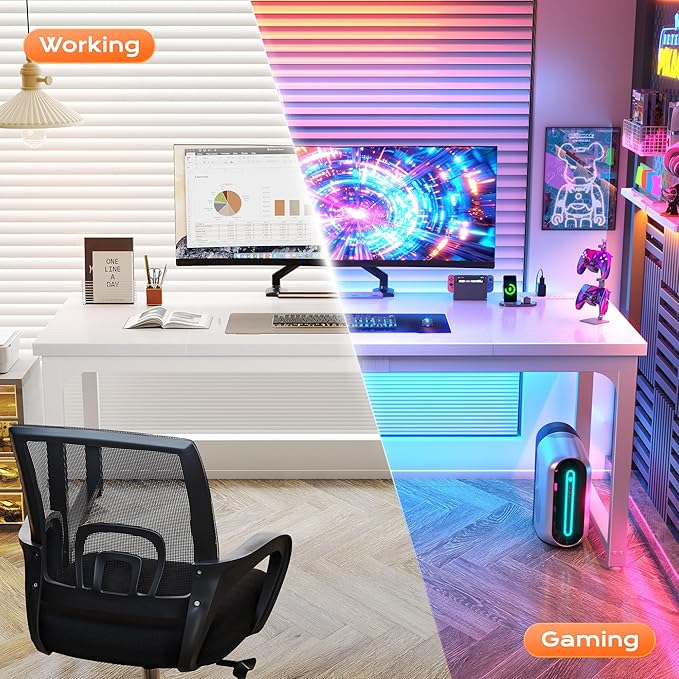 Huuger 63 x 24 inch Desk with Power Outlets & USB-C, Deeper & Thicker Desktop, Robust Metal Tubes, Computer Desk, Heavy Duty Office Desk, Work Gaming Desk, for Home Office, White