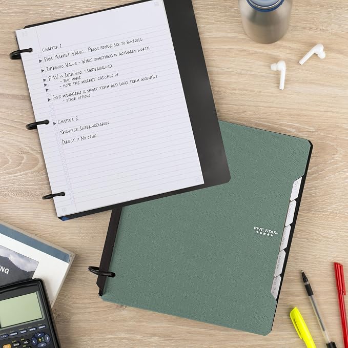 Five Star Flex Refillable Notebook + Study App, College Ruled Paper and 1-1/2 Inch TechLock Ring Binder with Pockets, Tabs and Dividers, 300 Sheet Capacity, Seaglass Green (29324AQ8)