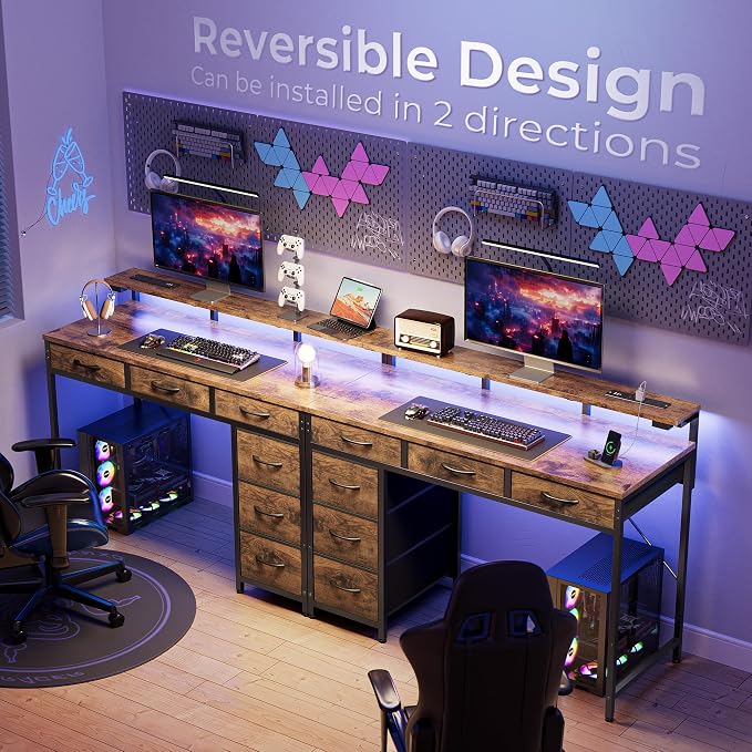 Huuger Gaming Desk with 6 Drawers, Computer Desk with LED Lights Power Outlets and Type-C, 39 Inch Office Desk with Storage, Monitor Stand, Writing Work Desk Home Office, Study, Rustic Brown