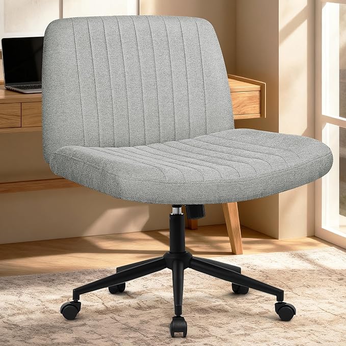 Orange Factory Criss Cross Chair, Wide Wheel Vanity Seat, Grey Dual Base | Cross-Legged with Dual Base with Wheels or Pads, 360° Swivel, Height Adjustable, Comfy Mid-Back for Office,Desk, Task Work