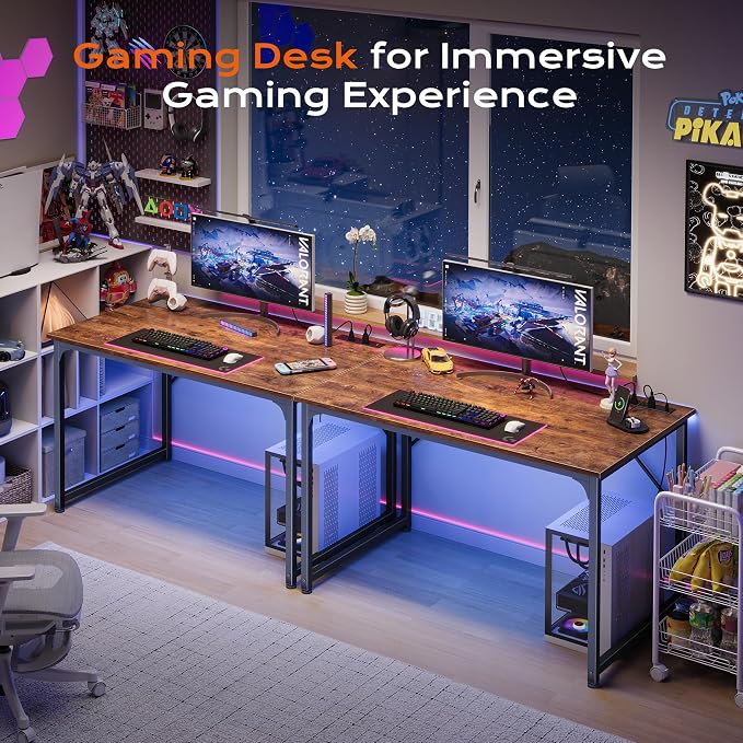 40 X 24 Inch Deeper Desk with Power Outlets | Small Computer Desk for Bedroom, Office Desk for Work from Home, Writing Study Gaming Table, Stable Metal Frame, Rustic Brown