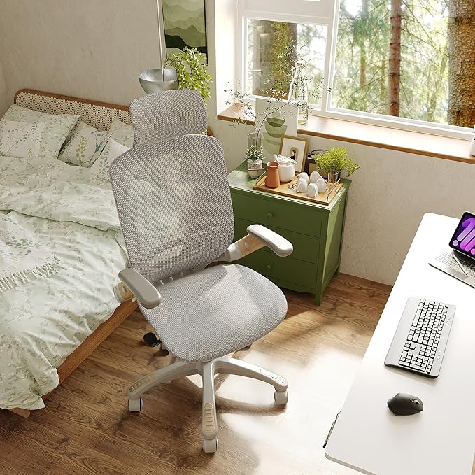 Ergonomic Office Chair, High Back Home Desk Chair with Flip-Up Arms, Headrest, 90-120° Tilt and Wide Cushion, 300LBS White Mesh Chair for Work Gaming Study (GY01-NT, Woodgrain Pattern)