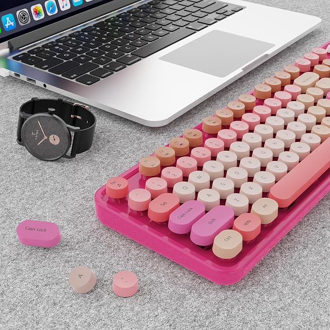 SkyGive Wireless Keyboard and Mouse Combo, Ergonomic Full Size Typewriter Retro Round Keycaps Keyboard, Compatible with Windows, PC, Perfer for Home and Office Keyboards (Red)