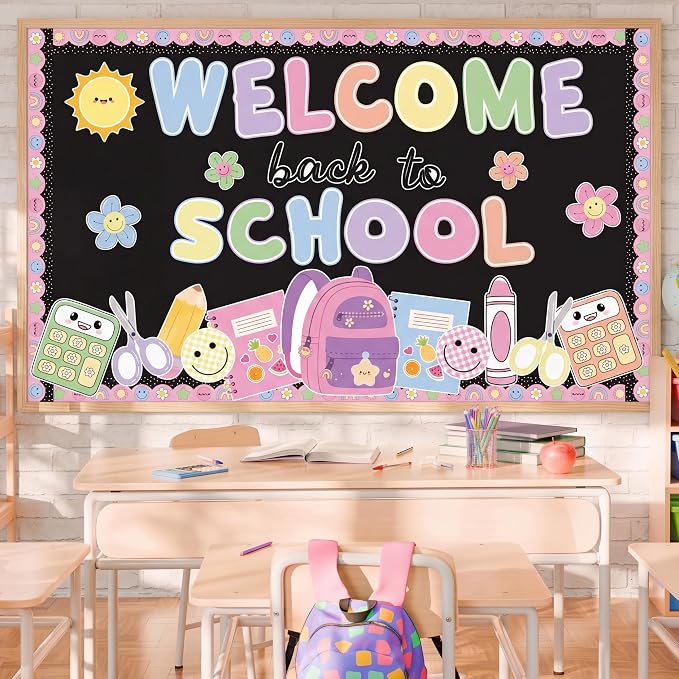 Welcome Bulletin Board Set Boho Back to School Classroom Decoration Welcome Back Bulletin Board Pencil Notebook Smile Face Cutouts for First Day of School Wall Chalkboard Classroom Decor