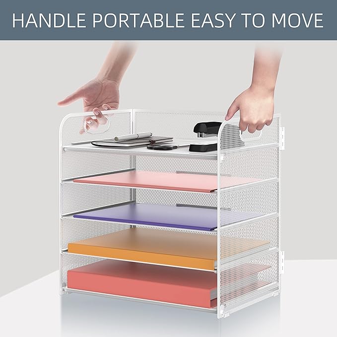 5 Trays Paper Organizer Letter Tray with Handle-Mesh Desk File Holders, Paper Sorter Desk Organizer for Office, Home, Classroom or School, White