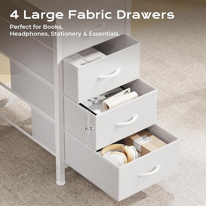 Huuger 63 Inch L Shaped Desk with Fabric Drawers, Reversible Computer Gaming Desk with Power Outlets and USB-C Port, Adjustable Side Storage Shelves, for Work Study Corner Home Office, White