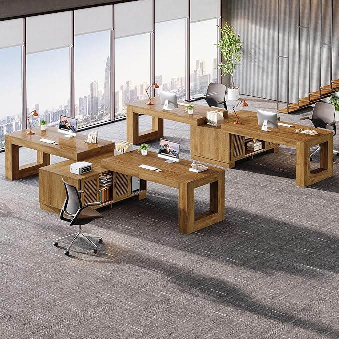 Tribesigns L Shaped Executive Desk with Storage Cabinets and 2-Tier Shelf, 78-Inch Simple Modern Business Furniture Large Computer Writing Table Workstation for Home Office, Dark Brown