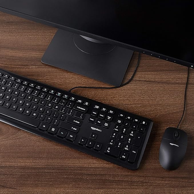 Amazon Basics Wired USB Keyboard and Mouse Combo, Full-Sized Keyboard with QWERTY Layout, Optical Tracking Mouse, Black