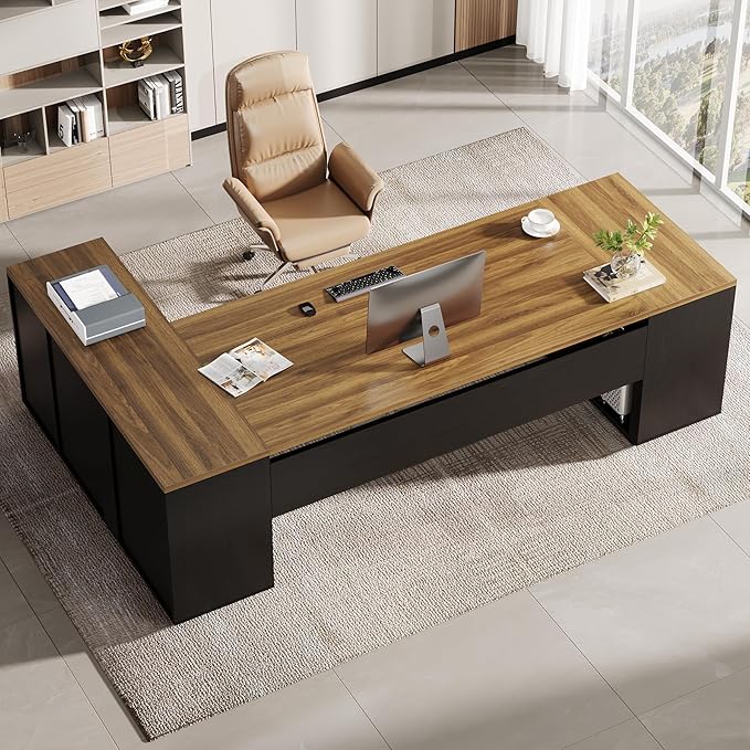 Tribesigns 85.8-Inch L-Shaped Executive Desk, Extra Large Modern Office Desk with File Drawers, Door Cabinet & Shelves, Commercial Office Table, Home Business Workstation, Brown & Black