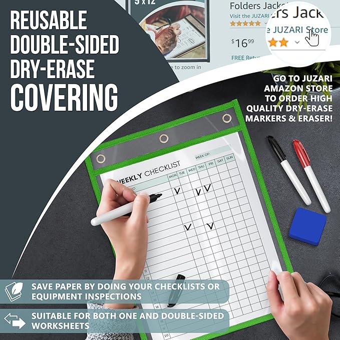 35 Pack Job Ticket Holders 9x12 inch - Colored Work Order Plastic Sleeves - Shop Ticket Holders - Reusable Dry Erase Pocket Sleeves - Sheet Protectors Heavy Duty - Clear Paper Sleeves Protector