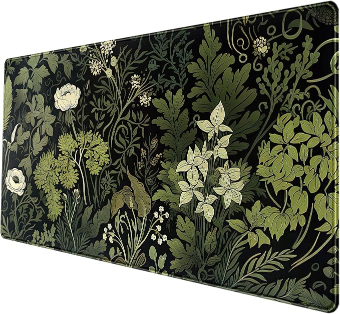 Green Leaves Beige Plants Pad, Large Extend Mouse Pad XXL, Freshness Foliage Keyboard Mat, Black Esthetics Desktop Mat Laptop Wireless Mouse Mat, Gift for Women 31.5"x15.75"