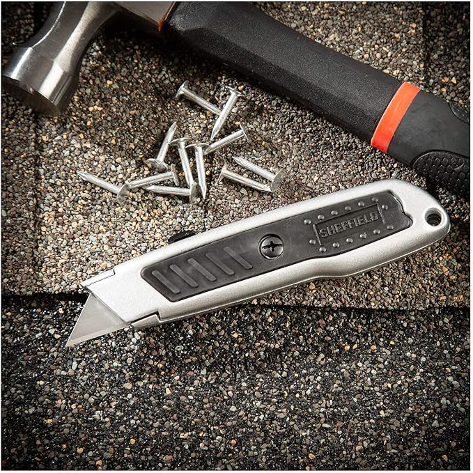 Sheffield Retractable Utility Knife, Box Cutter With Rubber Grip, 4-Position Blade Lock, Razor Blades Included, For Home, Office, Trades, and Warehouse