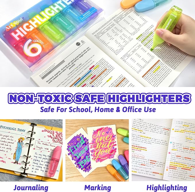 Art+soul Highlighters 6 Color, Office and School Supplies, No Bleed Markers | Smooth Quick-Drying Ink, Ideal for Notes, Textbooks & Classroom Use