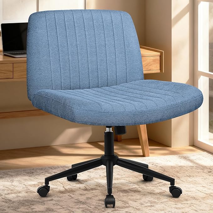 Orange Factory Criss Cross Chair, Wide Wheel Vanity Seat, Blue Dual Base | Cross-Legged with Dual Base with Wheels or Pads, 360° Swivel, Height Adjustable, Comfy Mid-Back for Office,Desk, Task Work