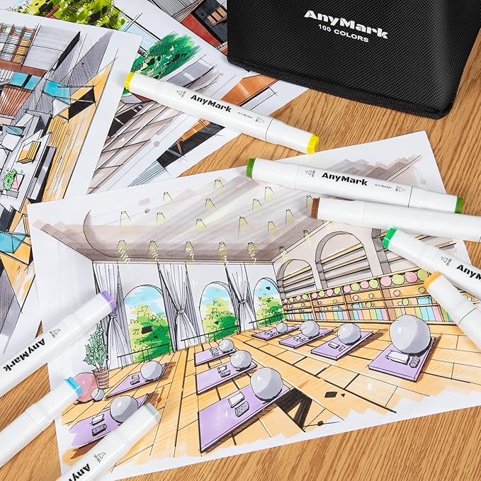 AnyMark 100 Colors Alcohol Markers Chisel & Fine Dual Tip | Coloring Markers Set for Adult Book Drawing Sketching Painting, Illustration, White Penholder