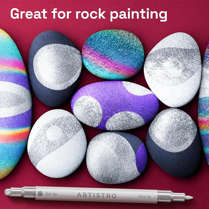 ARTISTRO Silver Dual-Tip Acrylic Paint Marker Pens - Set of 5 | For Fabric, Rock, Glass, Wood, & Coloring Books, Arts & Crafts Gift, Classroom Must Haves & School Supplies (Dot & Fine Tips)
