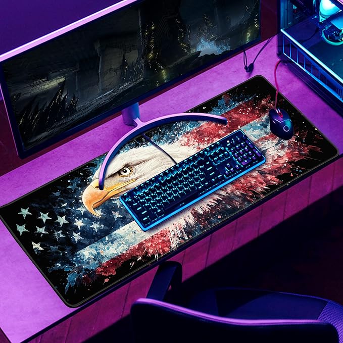 American Flag Eagle Mouse Pad Gaming Desk Pad Independence Day Extra Large XL Mousepad (31.5x11.8 in), Desk Mat Pad Home Office Decor Stitched Edges Smooth Surface Non-Slip Bottom Mat