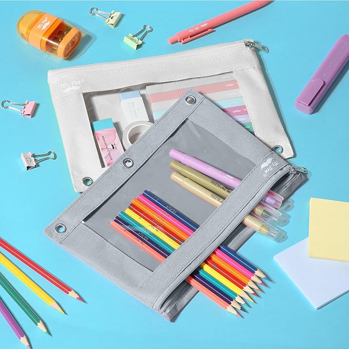Mr. Pen- Pencil Pouch for 3 Ring Binder, 2 Pack, 10"x6.75", Smooth Zipper | Clear Window, Large Capacity Pencil Case with 3 Reinforced Grommets for School, Office, Supplies Storage | Clear Window, Large Capacity Pencil Case with 3 Reinforced Grommets f...
