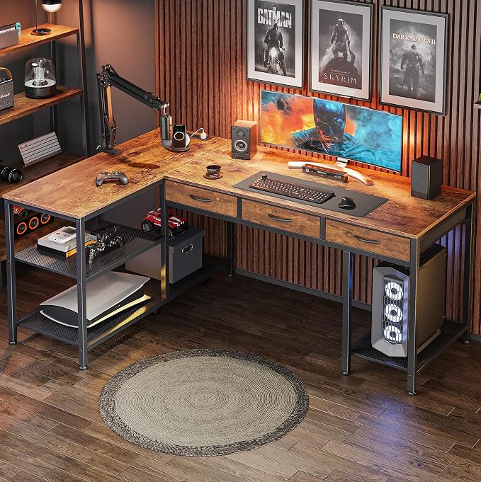 55 Inch L Shaped Office Desk with Power Outlets and Type-C Port, Large Computer Gaming Desk with 3 Fabric Drawers, Mesh Shelves, Corner Study Work Writing Desk, Rustic Brown