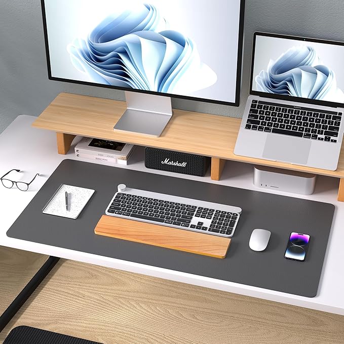Aothia Leather Desk Pad Protector, Mouse Pad, Office Desk Mat, Non-Slip PU Leather Desk Blotter, Laptop Desk Pad, Waterproof Desk Writing Pad for Office and Home (Gray,23.6" x 13.7") (Pack of 2)