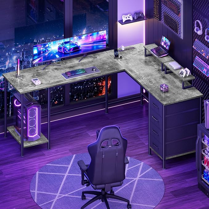 Korfile 66" L Shaped Computer Desk, 94.4'' Home Office Desk with Power Outlets, 4 Adjustable Storage Drawers & 2 Monitor Stands, Large Two Person Gaming Table for Writing Study, Grey