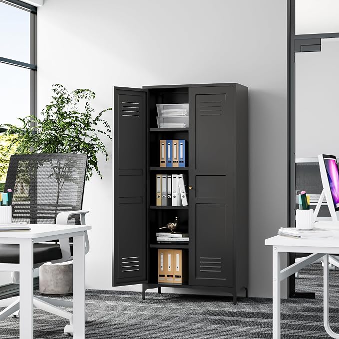 Fesbos Metal Storage Cabinet-61” Tall Steel File Cabinets with Doors and 4 Adjustable Shelves-Black Steel Storage Cabinet for Home,Kitchen, School, Office, Garage