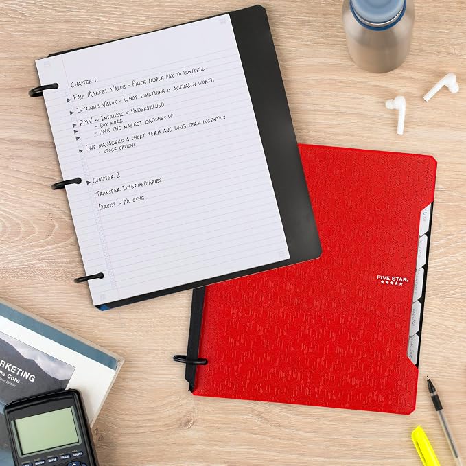Five Star Flex Refillable Notebook + Study App,College Ruled Paper and 1 Inch TechLock Ring Binder with Pockets,Tabs and Dividers,200 Sheet Capacity,Fire Red (29328AB2),(Pack of 6)