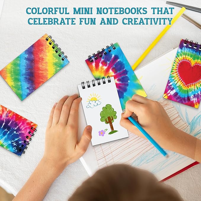 Decorably 24 Pack Spiral Tie Dye Party Favors for Kids 8-12 - 12 Colorful Designs 2.4x4in Small Notebook, Spring-Bound with 20 Sheets - Gifts for Birthday, Baby Shower, Children's Party, School