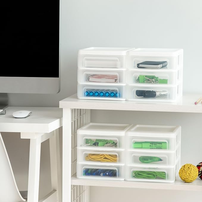 IRIS USA 4-Pack 3-Drawer Small Desktop Organizer, Stackable, White | Keep dorm desks tidy with drawers for school supplies, makeup, chargers, snacks and everyday college essentials