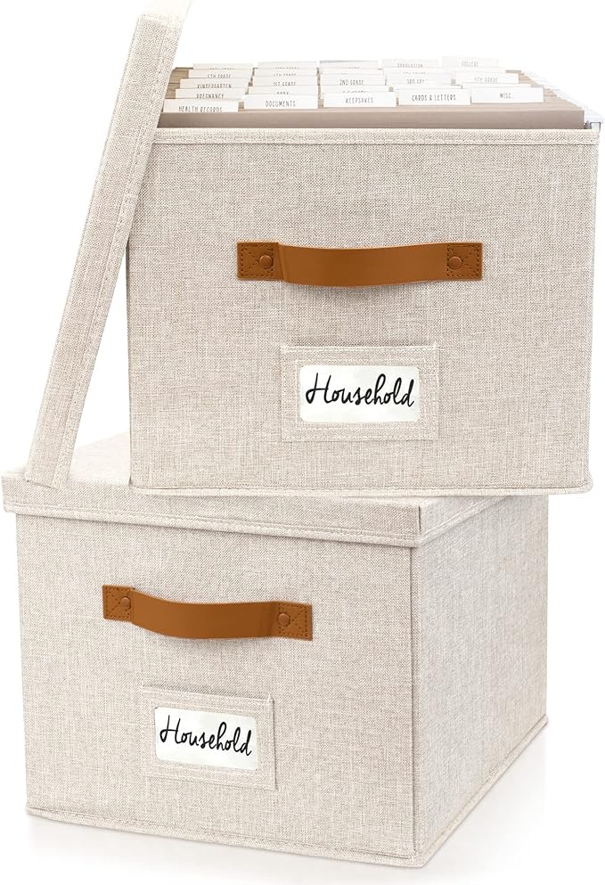 Decorative File Organizer Box Set of 2 - Collapsible Linen Filing Cabinets | Stores Documents and Hanging File Folders - Portable Office Crates with Lid and Handles for Easy Slide Access