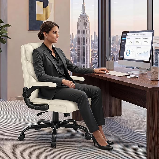 Office Chair, Executive Mid-Back Computer Desk Chair with Flip-up Armrests | 300 Lbs Ergonomic Leather Swivel PC Chair with Rock Function for Working Studying (Creamy White)