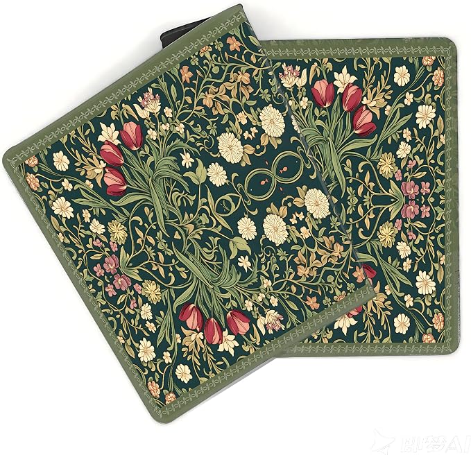 Cute Floral Aesthetic Dahlia Gaming Mouse Pad, Dark Green Rug Desk Mat with Anti-Slip Base & Stitched Edges, Office & Home Desk Decor for Women, 35.4" x 15.7" in Computer Desktop Mat