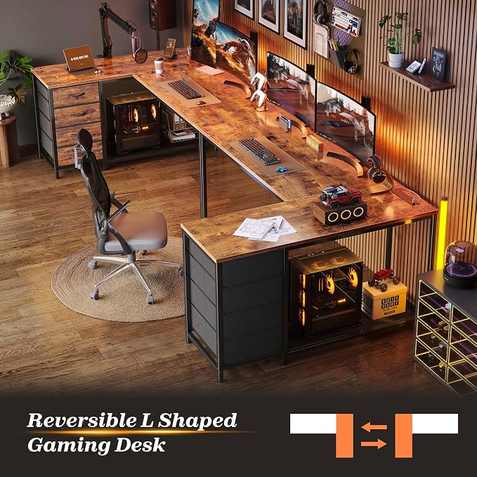53" L Shaped Desk with Power Outlets & 4 Drawers | Reversible Computer Desk with 2 Storage Shelves, Large Corner Office Desk for Gaming Writing Work Study, Rustic Brown
