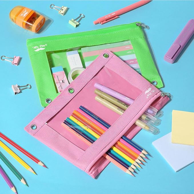 Mr. Pen- Pencil Pouch for 3 Ring Binder, 2 Pack, 10"x6.75", Smooth Zipper | Clear Window, Large Capacity Pencil Case with 3 Reinforced Grommets for School, Office, Supplies Storage | Clear Window, Large Capacity Pencil Case with 3 Reinforced Grommets f...