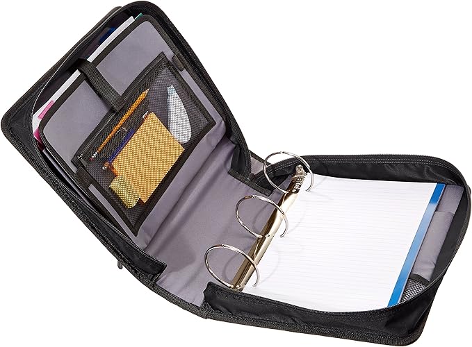 Amazon Basics Durable 3 Ring Binder with Zipper and Strap, Multiple Pockets, Sturdy Storage for School and Office, 3 inch, Black