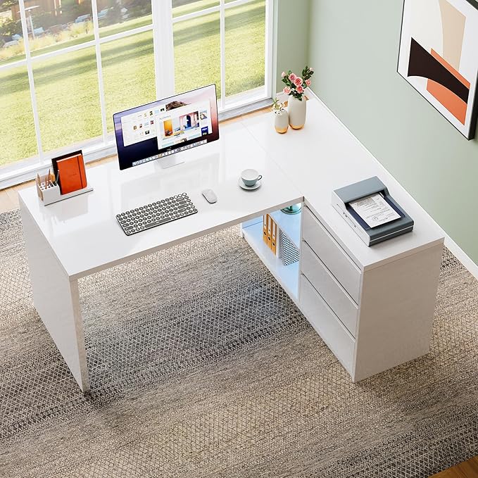 Tribesigns White L-Shaped Computer Desk with 3 Drawers, 55-Inch Modern Gloss Corner Home Office Executive Desk with LED Lights and 2 Storage Shelves for Work Study Writing